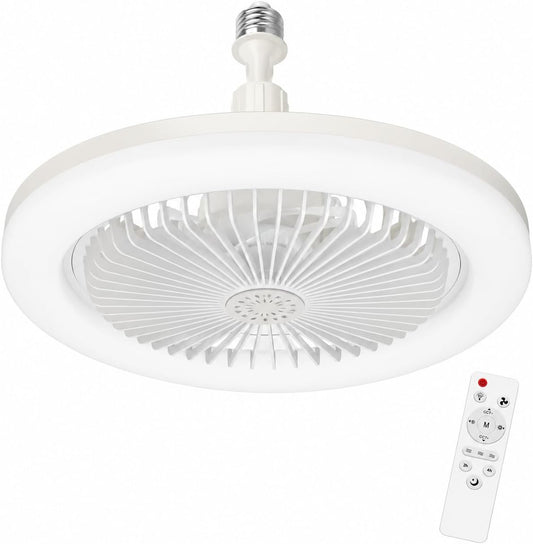 Light Socket Fans with Lights and Remote - LED Socket Fan Light, Quiet Ceiling Fan for Kitchen Bathroom Store Room Garage (White)