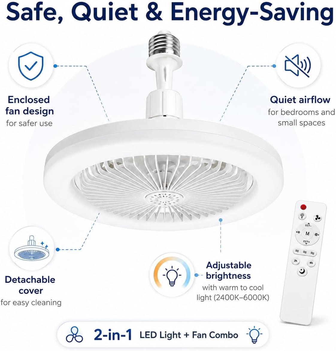 Light Socket Fans with Lights and Remote - LED Socket Fan Light, Quiet Ceiling Fan for Kitchen Bathroom Store Room Garage (White)