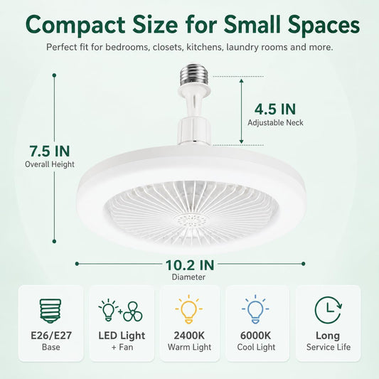 Light Socket Fans with Lights and Remote - LED Socket Fan Light, Quiet Ceiling Fan for Kitchen Bathroom Store Room Garage (White)